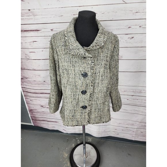 Madison Woman Gray Black Tweed Size 16 W Fringed Hem Button Up Short Blazer - Picture 7 of 8